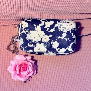 TORY BURCH - Leather Crossbody Navy Blue and Cream/Beige Flower design